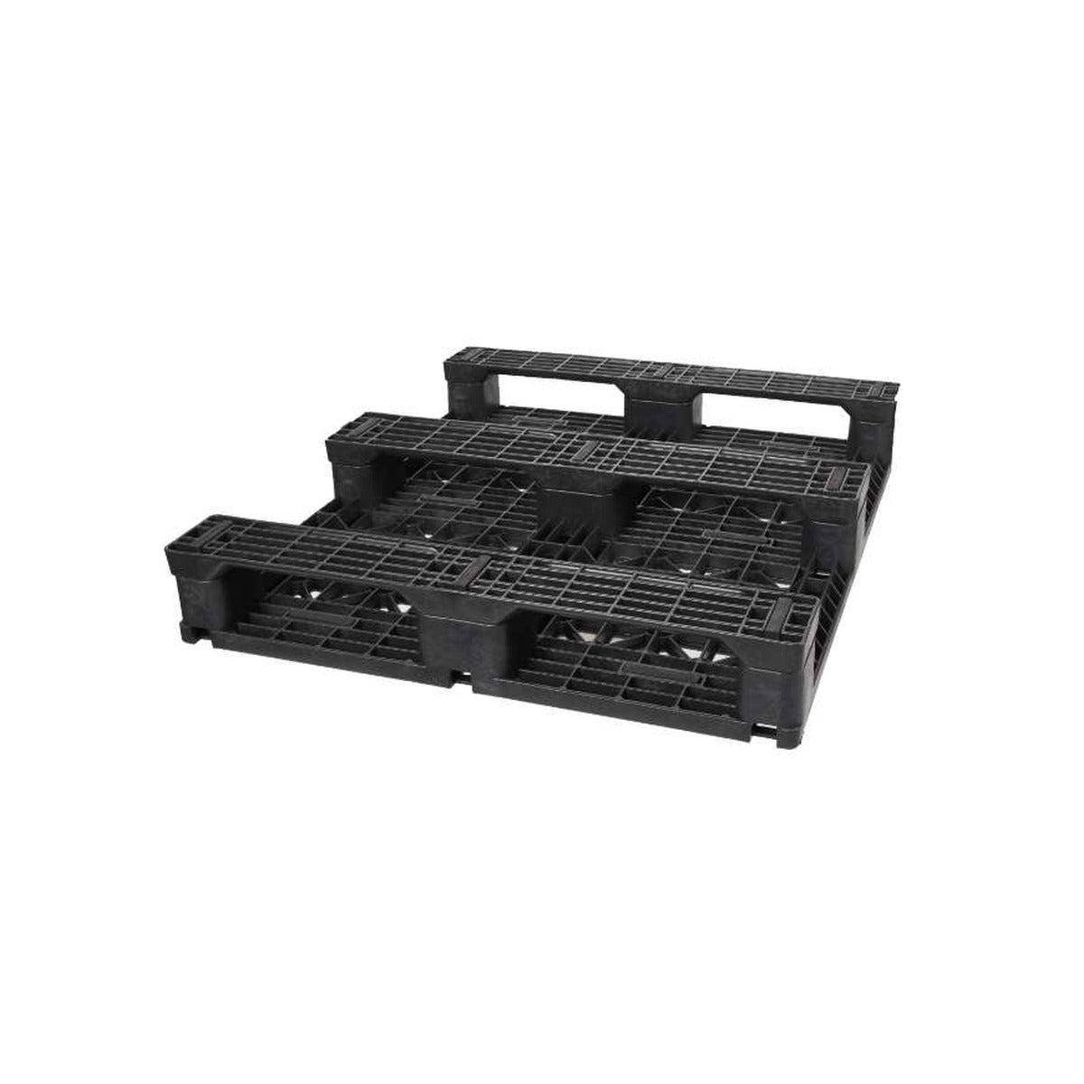 Underside of 37x32 plastic pallet showing three-runner base