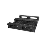Underside of 37x32 plastic pallet showing three-runner base