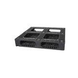 Underside of 37x37 plastic pallet showing six-runner base