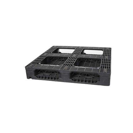 Underside of 37x37 plastic pallet showing six-runner base