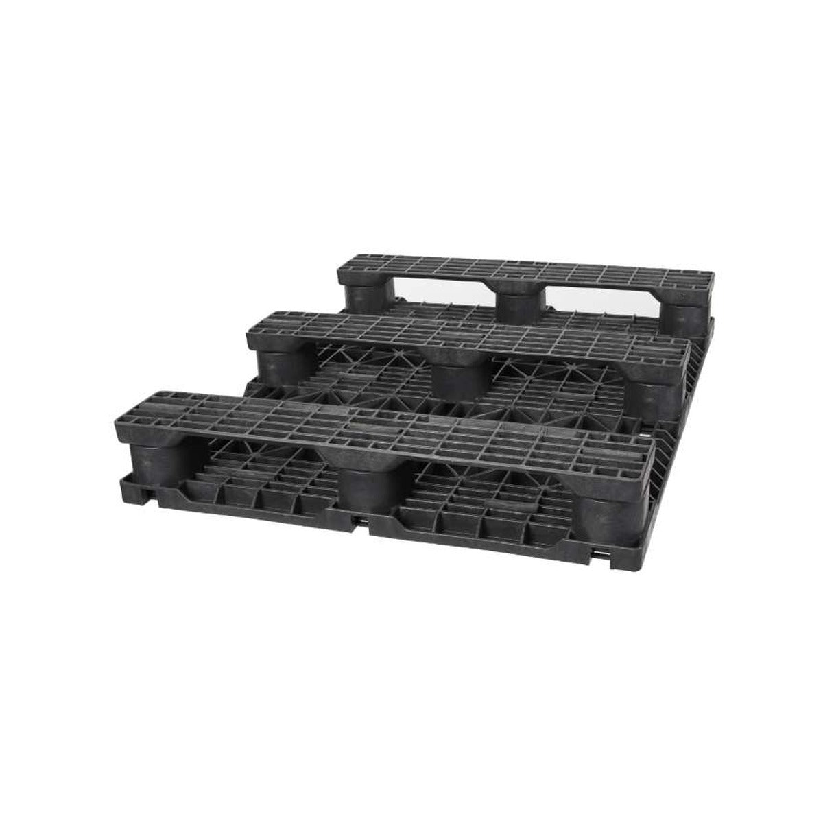 Underside of 40x32 plastic half pallet showing three-runner base