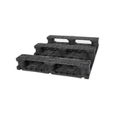 Underside of 40x32 plastic half pallet showing three-runner base