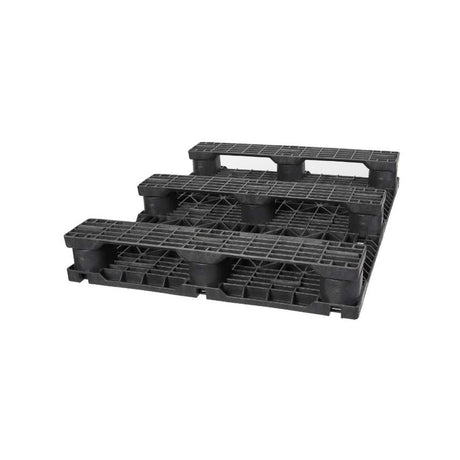 Underside of 40x32 plastic half pallet showing three-runner base