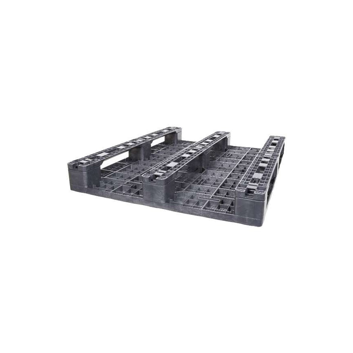 Underside of 48x40 mid duty plastic pallet with three full-length runners