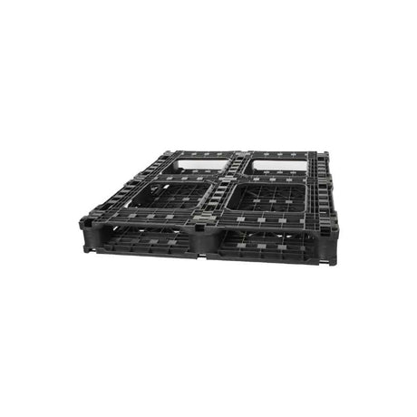 Underside of 48x40 mid duty plastic pallet showing six runners