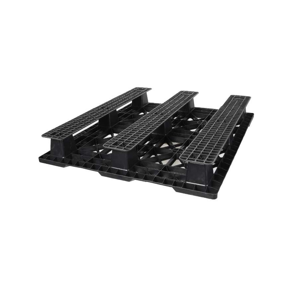 Underside of 48x40 nestable plastic pallet showing three full-length runners