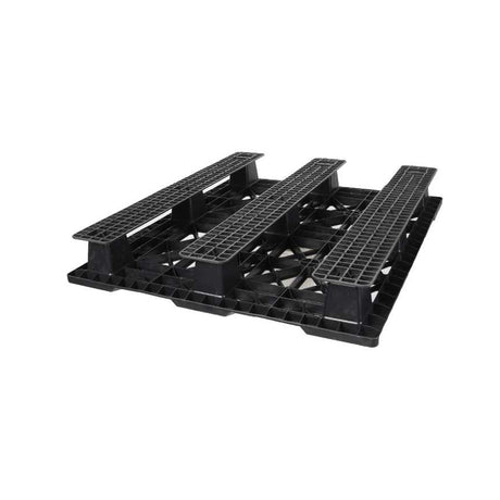 Underside of 48x40 nestable plastic pallet showing three full-length runners