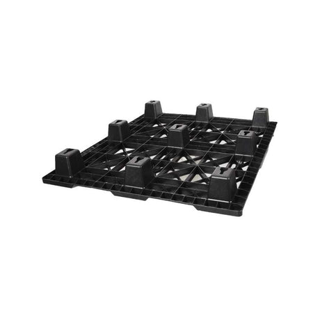 Bottom view of 48x40 nestable plastic pallet showing nine feet and open deck