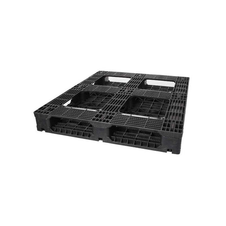 Underside of 48x40 rackable plastic pallet showing six full-length runners