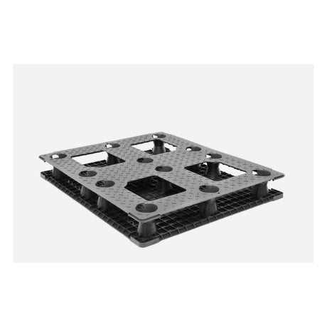 Underside of 48x40 solid deck plastic pallet showing nesting feet and runner base