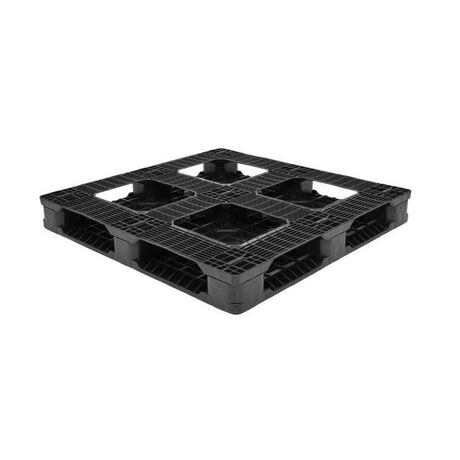Underside of 48x48 plastic pallet showing six-runner base