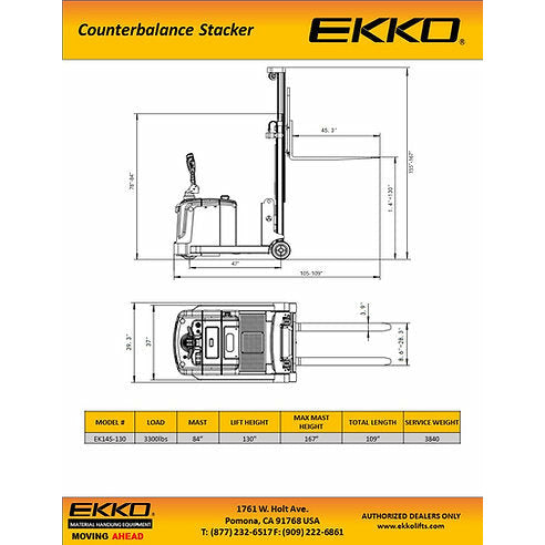 EKKO EK14S130 A SideShifting 45” Walkie Stacker with a 130” Lift and 3300 lb Force Image 4