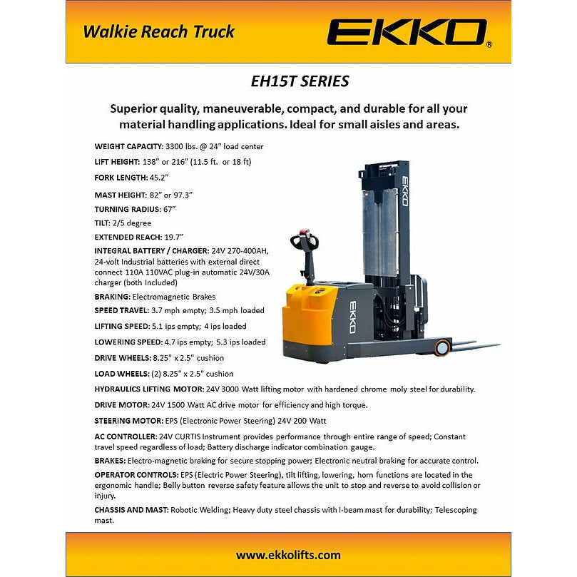 EKKO EH15TH Mobile Mast Walkie Reach Truck 3300 lb Capacity 216 Height Image 3