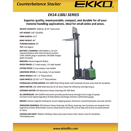 EKKO Lifts EK14130Li  45 Fork Lithium Walkie Stacker with 1083ft Lift  3300 lb Capacity Image 3