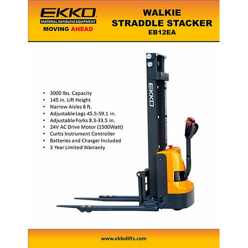 EKKO Lifts EB12EA Electric Straddle Stacker 45 Fork 145 Lift 3000 lb Capacity Image 3