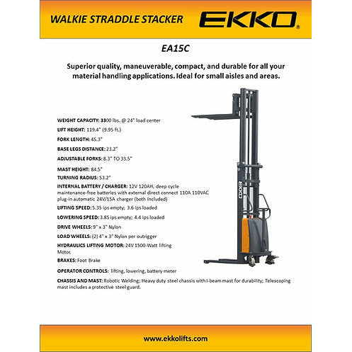 EKKO ForkOver 45 SemiElectric Stacker EA15C with 119 Lift  3300 lb Capacity Image 3