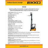 EKKO Lifts EK15A 3Wheel Electric Forklift 3300lb Capacity 177 Lift Height Image 3