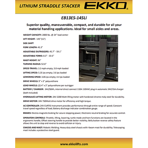 EKKO 45 Lithium Electric Straddle Stacker with 145 Lift 2800 lb Load  EB13ES145Li Image 4