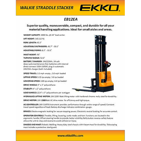 EKKO Lifts EB12EA Electric Straddle Stacker 45 Fork 145 Lift 3000 lb Capacity Image 4