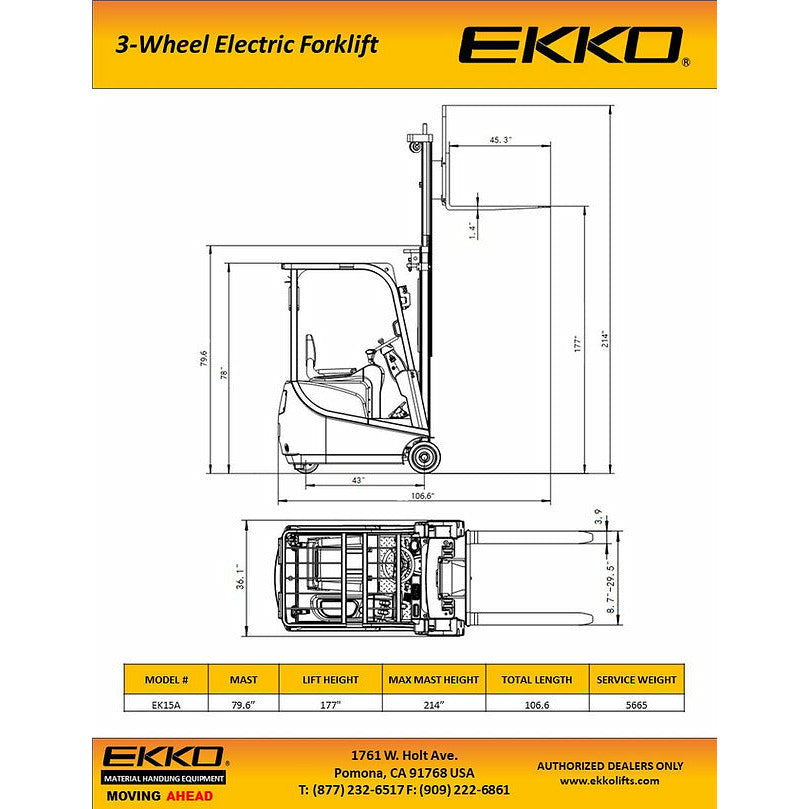 EKKO Lifts EK15A 3Wheel Electric Forklift 3300lb Capacity 177 Lift Height Image 4