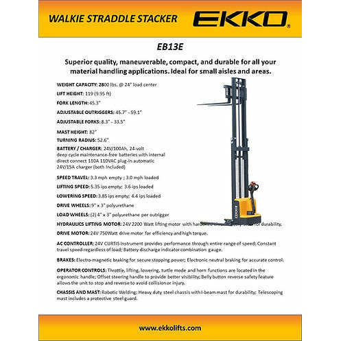 EKKO EB13E Electric Pallet Stacker 45 Forks 119 Lift 2800 lb Capacity Image 3