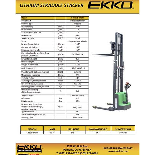 EKKO 45 Lithium Electric Straddle Stacker with 145 Lift 2800 lb Load  EB13ES145Li Image 3