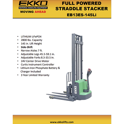 EKKO 45 Lithium Electric Straddle Stacker with 145 Lift 2800 lb Load  EB13ES145Li Image 2