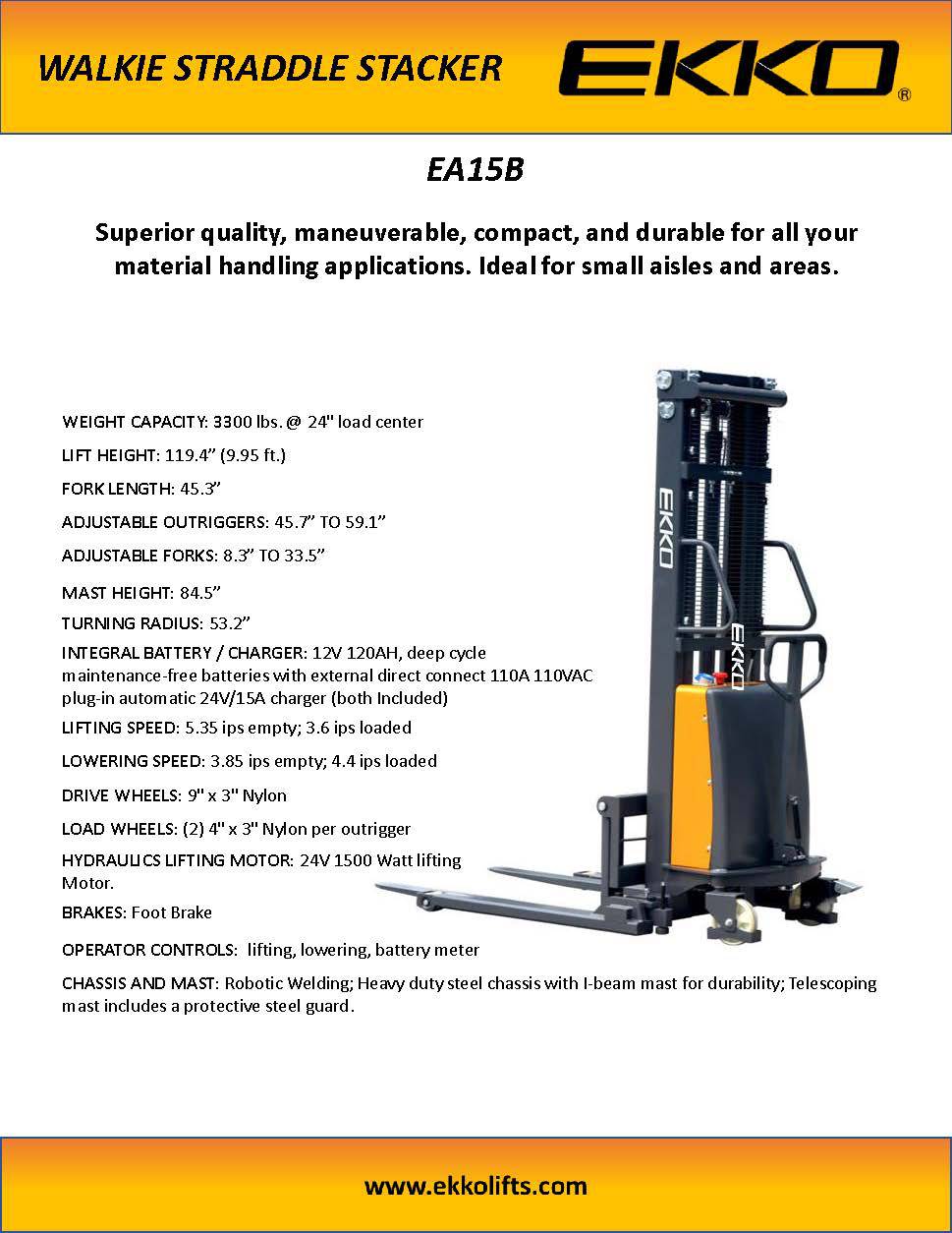 EKKO Lifts EA15B Semi-Electric Straddle Stacker 3,300 lbs Capacity - 119" Height Image 5