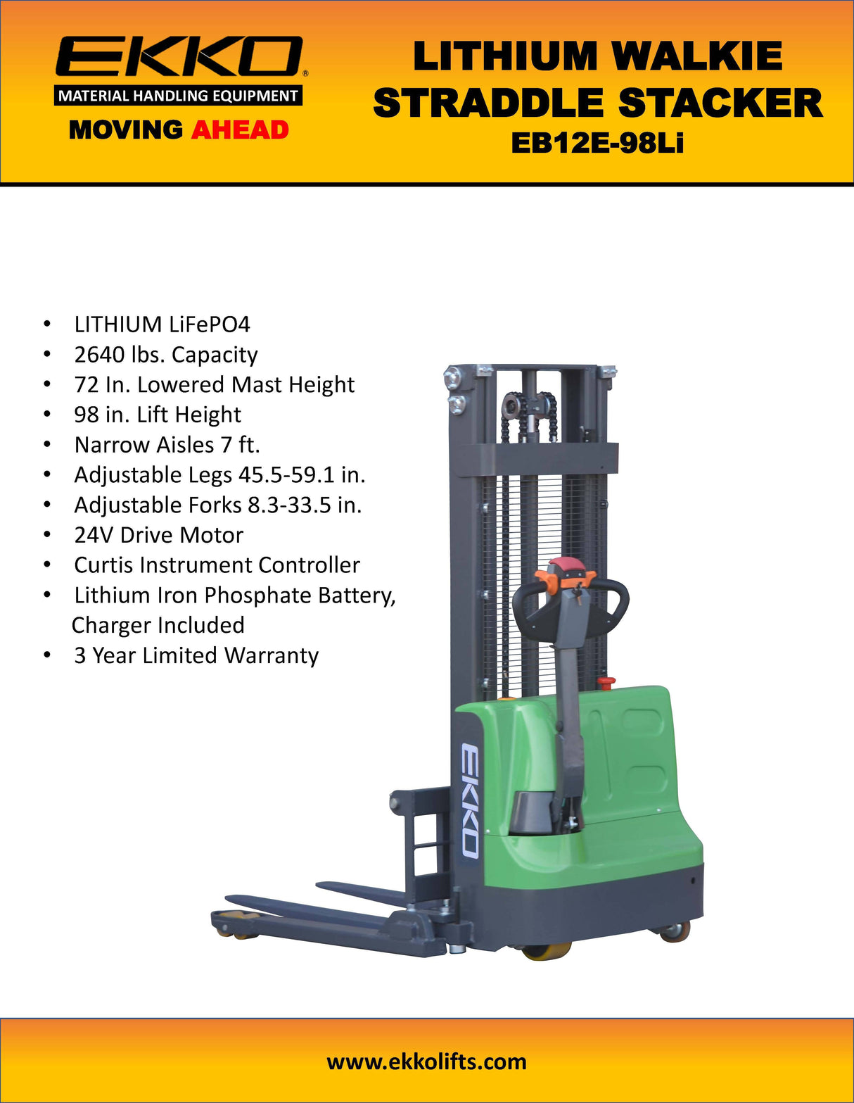 Ekko Lifts 2640 lbs Capacity Lithium Ion Phosphate Electric Straddle Stacker Image 3