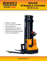 EKKO Lifts EB12E Electric Straddle Stacker 2,640 lbs Capacity - 119" and 138" Height Image 5