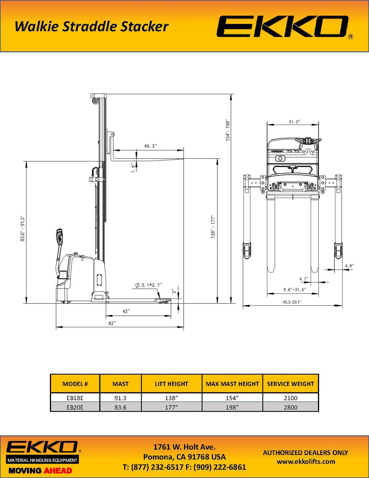 EKKO Lifts  EB18EEB20E Full Powered Straddle Stacker 138177 Height Image 5