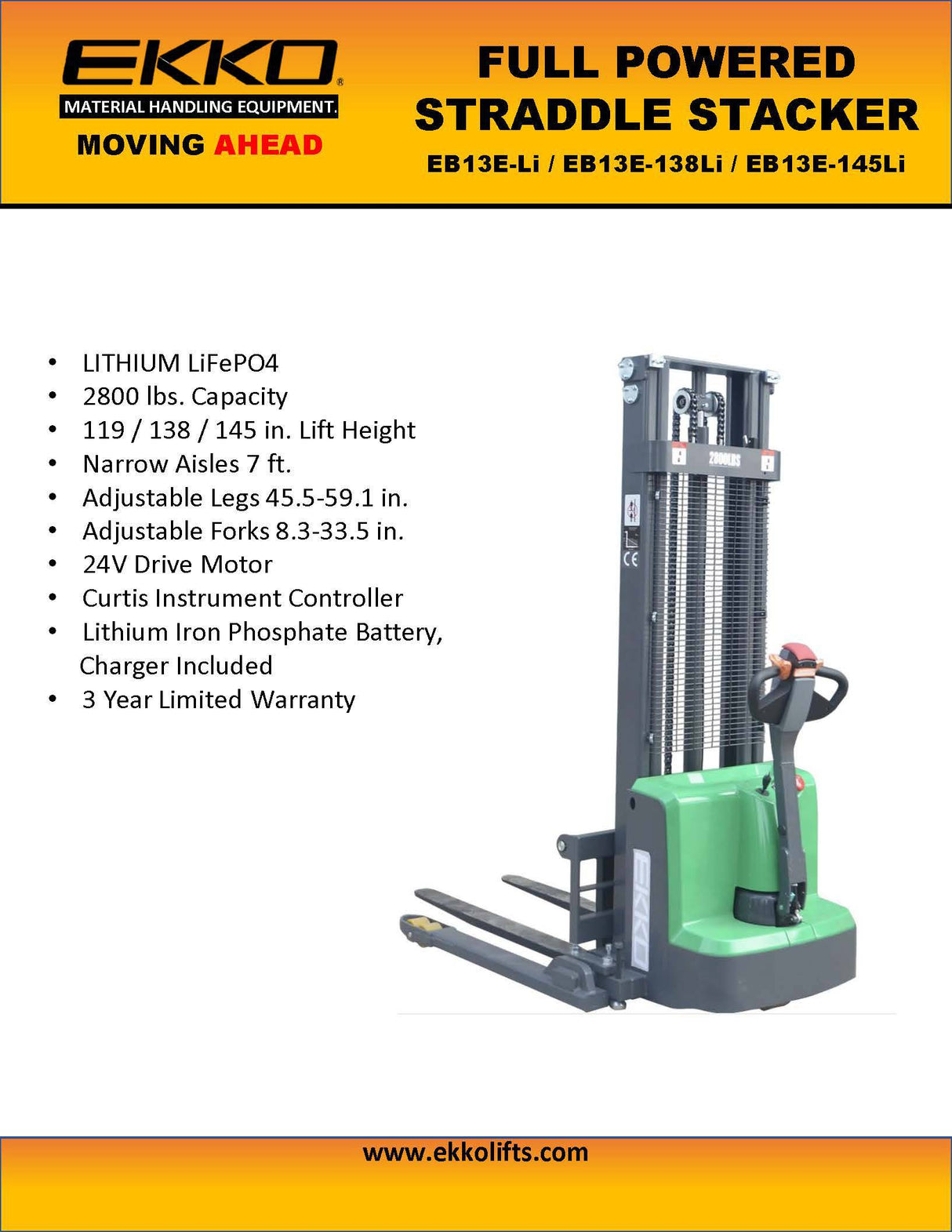 Ekko Lifts EB13ELI HighPerformance Lithium Electric Straddle Stacker 2800lb Image 3