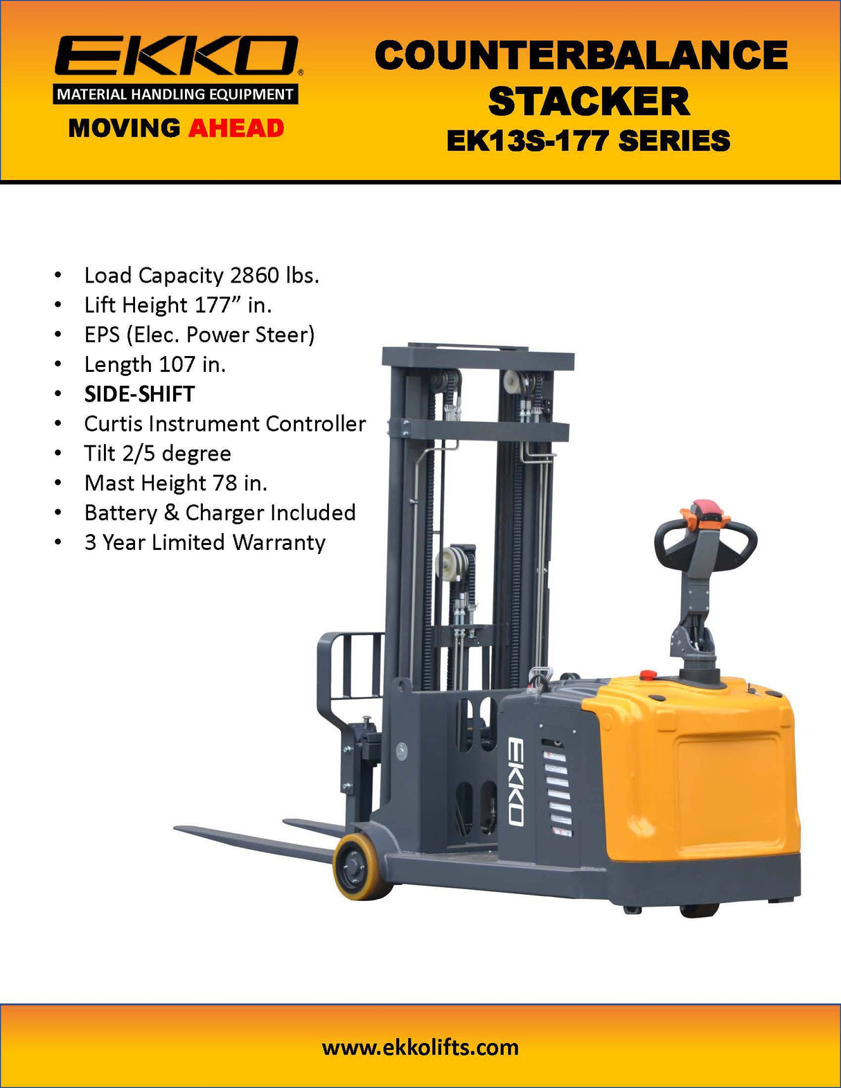 Ekko Lifts EK13S177 SideShifting Counterbalanced Walkie Stacker with 2860 lbs Capacity Image 7