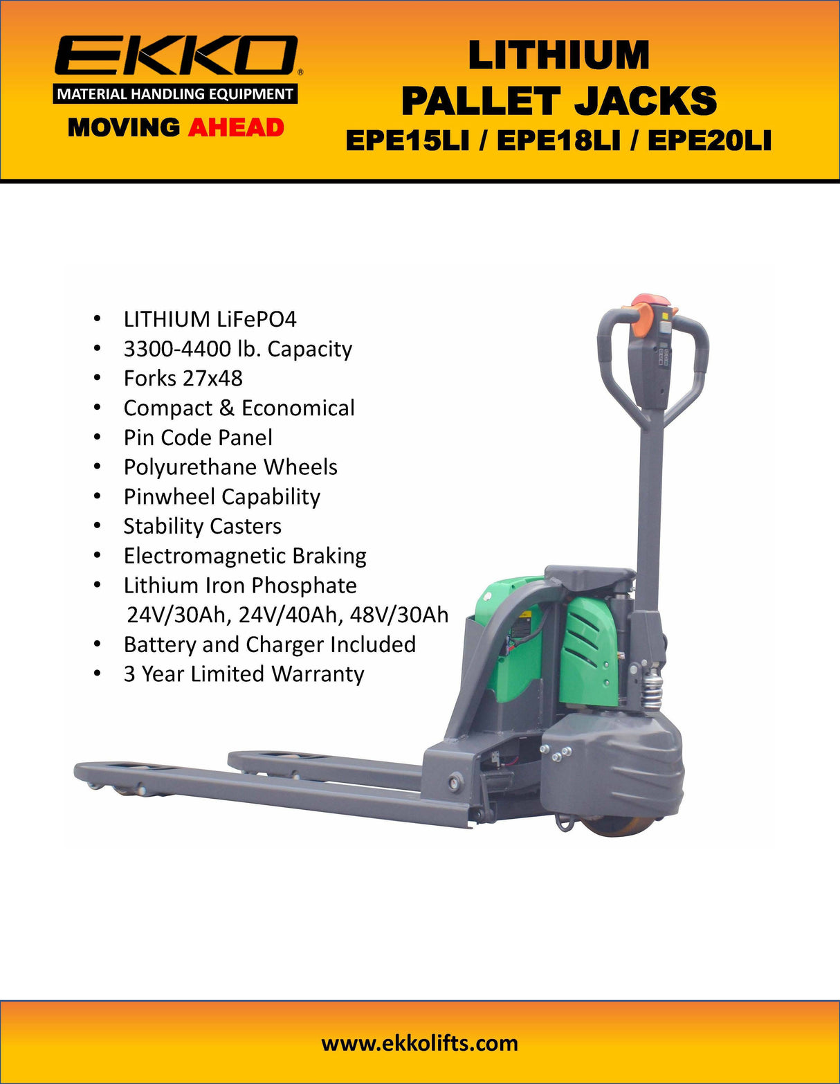 Ekko Lifts LithiumIon Powered Pallet Jack With 33004400 lbs Capacity Image 4